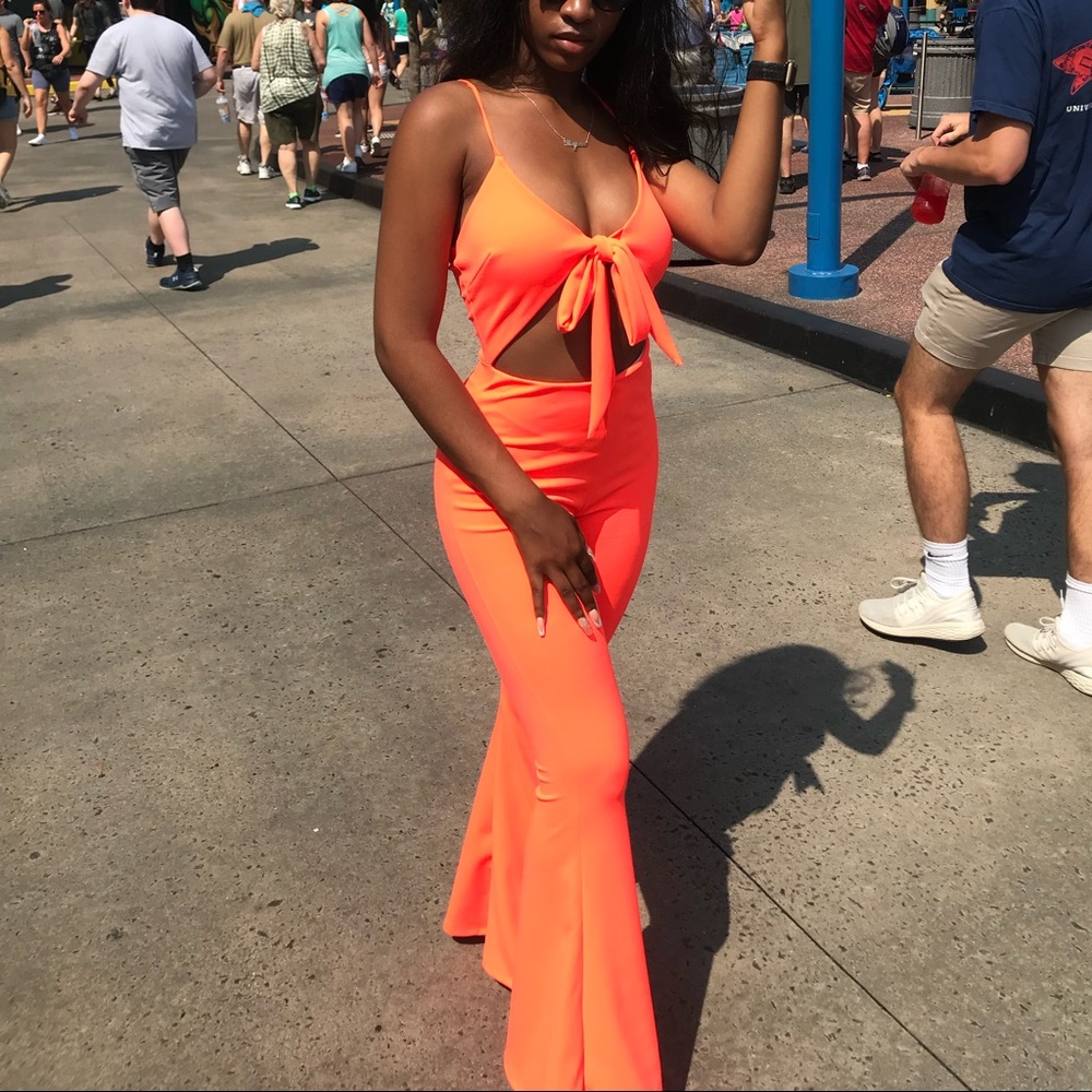 Neon Pink Body Suit Flare Legs